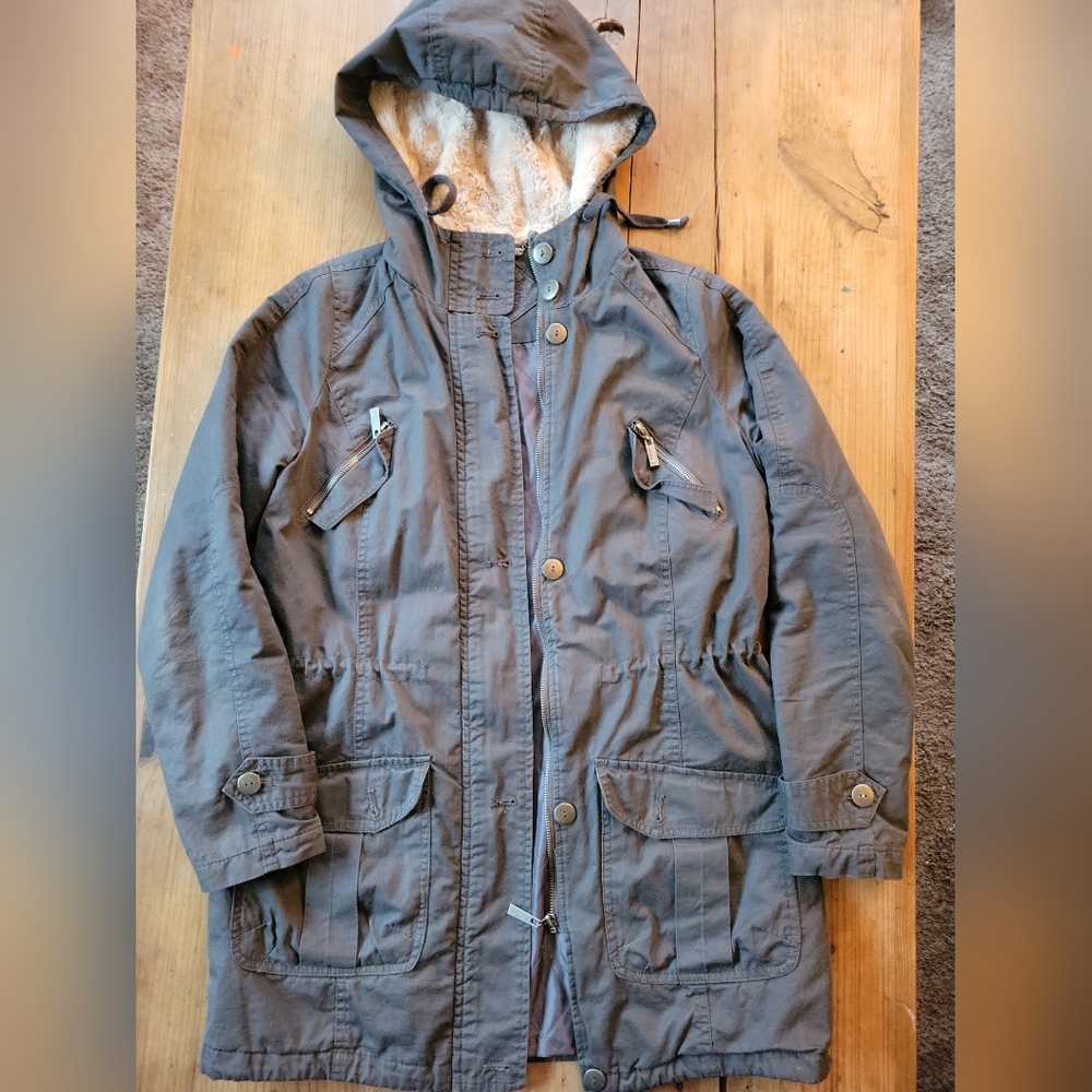 Joujou Womens Parka Jacket Green Snap Zipper Faux Fur Hooded Flap Pockets Medium